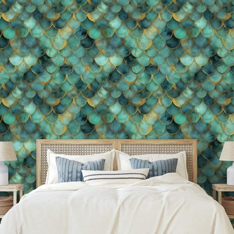 TAPETA ZELENÉ MORSKÉ ŠUPINY SO ZLATÝM NÁDYCHOM - VZOROVANÉ TAPETY - TAPETY