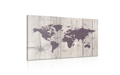 OBRAZ HNĚDÁ MAPA NA DŘEVĚNÉM POZADÍ - OBRAZY MAPY - OBRAZY