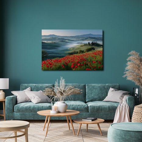 WANDBILD MORGENNEBEL ÜBER DEN HÜGELN - WANDBILDER FELDER UND WIESEN - BILDER