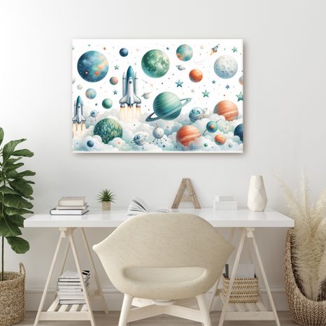 WANDBILD RAKETE ZWISCHEN PLANETEN - KINDERBILDER WELTRAUM - BILDER