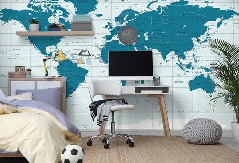 SAMOLEPÍCÍ TAPETA POLITICKÁ MAPA SVĚTA V MODRÉ BARVĚ - SAMOLEPÍCÍ TAPETY - TAPETY