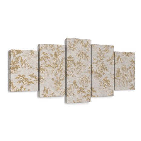 5-TEILIGES WANDBILD GOLDENE ORIENTALISCHE LANDSCHAFT - BILDER MIT FENG SHUI-MOTIVEN - BILDER