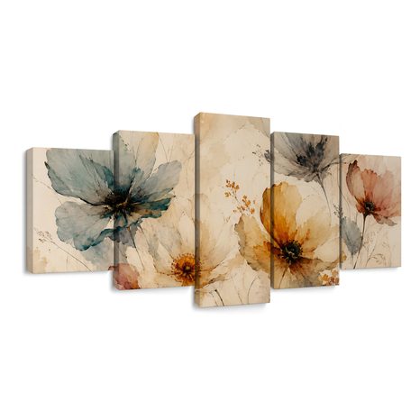TABLEAU EN 5 PARTIES – FLEURS AQUARELLÉES AUX TONS DÉLICATS - TABLEAUX DE FLEURS - TABLEAUX