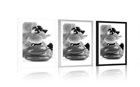 POSTER CU PASSEPARTOUT PIETRE SPA ȘI ORHIDEE ÎN DESIGN ALB-NEGRU - ALB-NEGRU - POSTERE