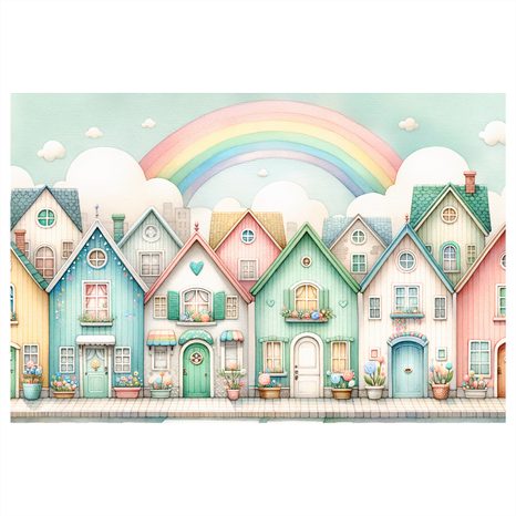 OBRAZ PASTELOVÉ DOMKY S DUHOU - DĚTSKÉ OBRAZY - OBRAZY