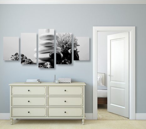 5-TEILIGES WANDBILD ZEN-STEINE MIT MUSCHELN IN SCHWARZ-WEISS - SCHWARZ-WEISSE BILDER - BILDER