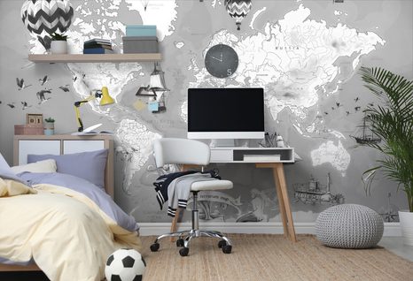 TAPETE GEMALTE WELTKARTE MIT SCHIFFEN IN GRAU-WEISS - SCHWARZ-WEISSE WELTKARTEN - TAPETEN