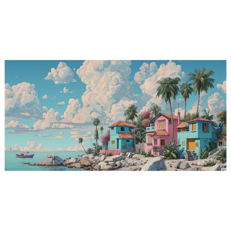 SLIKA TROPSKE KUĆICE UZ MORE - ŠARENE KUĆE - SLIKE