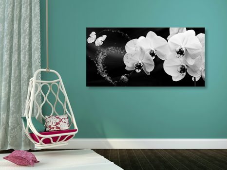 WANDBILD SCHWARZ-WEISSE ORCHIDEE UND SCHMETTERLING - SCHWARZ-WEISSE BILDER - BILDER