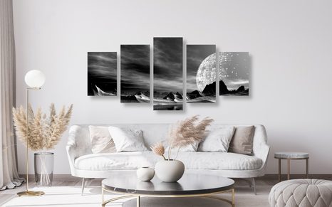 5-TEILIGES WANDBILD FUTURISTISCHER PLANET IN SCHWARZ-WEISS - SCHWARZ-WEISSE BILDER - BILDER