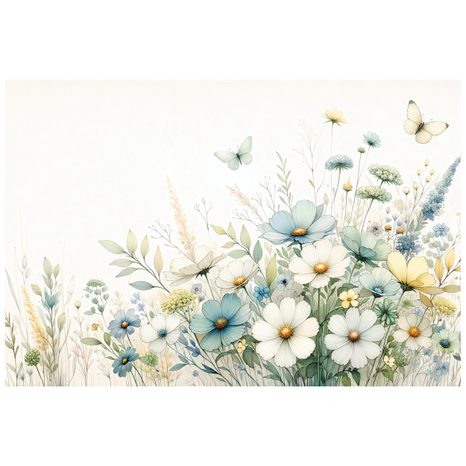 TAPETE PASTELLWIESENBLUMEN UND FLIEGENDE SCHMETTERLINGE - TAPETEN MIT BLUMENMOTIVEN - TAPETEN