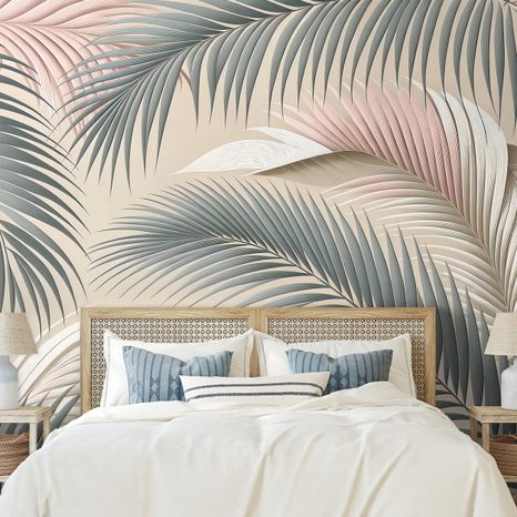 SAMOLEPÍCÍ TAPETA PASTELOVÉ PALMOVÉ LISTY NA BÉŽOVÉ - TAPETY LISTY - TAPETY