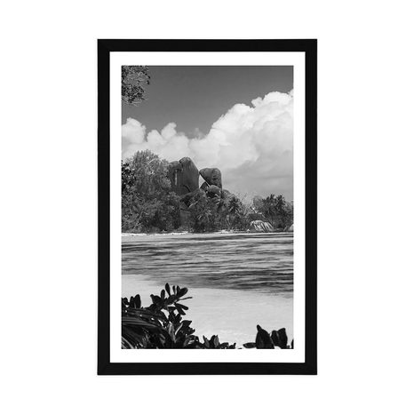 AFFICHE AVEC PASSE-PARTOUT – PLAGE MAGNIFIQUE SUR L'ÎLE DE LA DIGUE EN NOIR ET BLANC - NOIR ET BLANC - AFFICHES