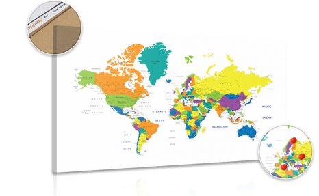 OBRAZ NA KORKU FAREBNÁ MAPA SVETA NA BIELOM POZADÍ - OBRAZY NA KORKU - OBRAZY