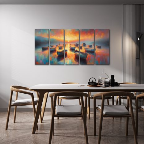 5-DÍLNÝ OBRAZ MALÉ LOĎKY V MALEBNÉM ZÁLIVU - OBRAZY MOŘE A PLÁŽ - OBRAZY