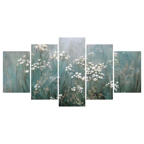 5-TEILIGES WANDBILD BLUMENFELD IM NEBEL - BILDER BLUMEN - BILDER
