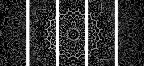 5-DÍLNÝ OBRAZ VINTAGE MANDALA V INDICKÉM STYLU V ČERNOBÍLÉM PROVEDENÍ - ČERNOBÍLÉ OBRAZY - OBRAZY