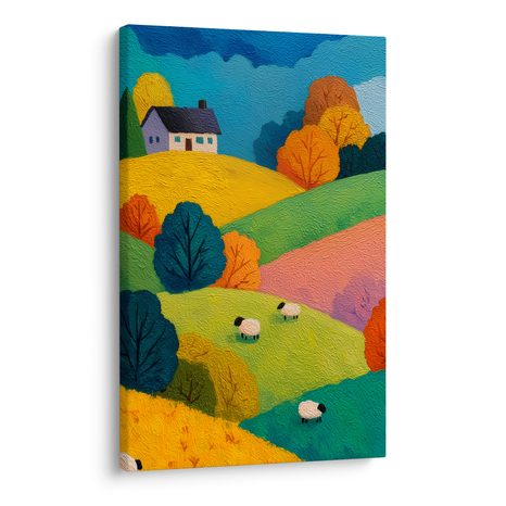 WANDBILD BUNTE HÜGEL MIT HAUS - WANDBILDER FELDER UND WIESEN - BILDER