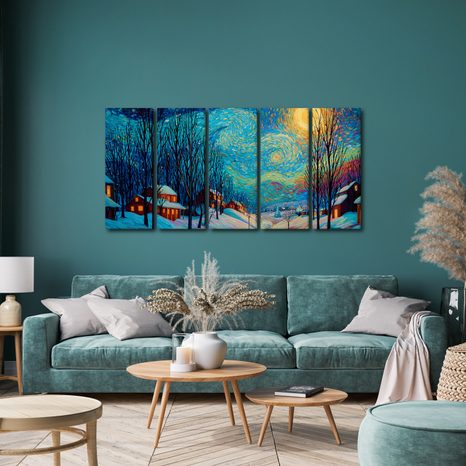 5-DIELNY OBRAZ ZIMNÁ HVIEZDNA NOC - VIANOČNÉ A ZIMNÉ OBRAZY - OBRAZY