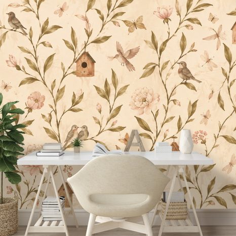 ZELFKLEVEND FOTOBEHANG VINTAGE BLOEMEN MET VOGELTJES EN VOGELHUISJES - FOTOBEHANG VOGELS - FOTOBEHANG