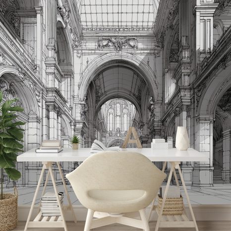 TAPETA HISTORYCZNA ARCHITEKTURA W CZARNO-BIAŁYM RYSUNKU - TAPETA CZARNOBIAŁA - TAPETY