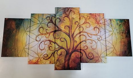 TABLEAU EN 5 PARTIES – ARBRE AVEC FLEUR DE VIE - TABLEAUX ARBRES DE VIE - TABLEAUX