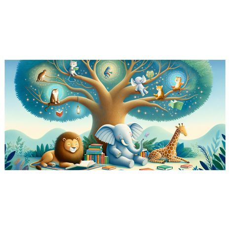 WANDBILD TIERE UNTER DEM BAUM MIT BUCH - KINDERBILDER TIERE - BILDER