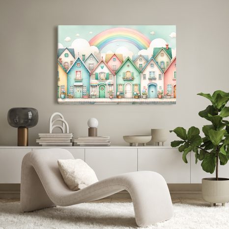 OBRAZ PASTELOVÉ DOMKY S DUHOU - DĚTSKÉ OBRAZY - OBRAZY