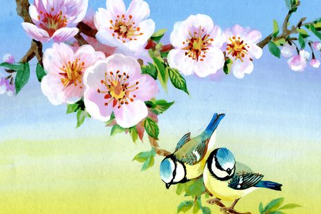 OBRAZ SÝKORKY A KVETOUCÍ KVĚTINY - VINTAGE A RETRO OBRAZY - OBRAZY