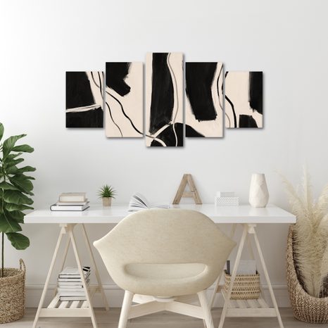 TABLEAU EN 5 PARTIES – LIGNES NOIRES ABSTRAITES - IMAGES FORMES ABSTRAITES - TABLEAUX