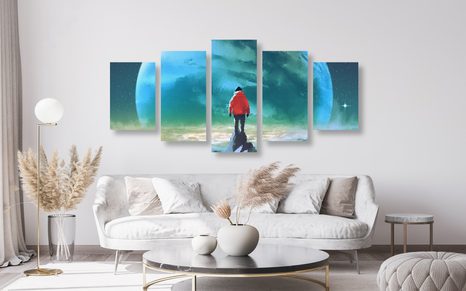 5-TEILIGES WANDBILD MANN AUF DEM GIPFEL EINES BERGES - BILDER VON MENSCHEN - BILDER