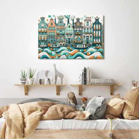 TABLOU CASE COLORATE LÂNGĂ UN CANAL ONDULAT - TABLOURI CU ORAȘE - TABLOURI