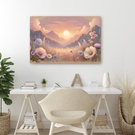 WANDBILD ROMANTISCHER SONNENUNTERGANG MIT WIESE - BILDER VON SONNENAUFGANG UND SONNENUNTERGANG - BILDER