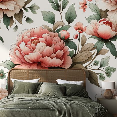 TAPETE ROMANTISCHE ROSA PFINGSTROSEN - TAPETEN MIT BLUMENMOTIVEN - TAPETEN