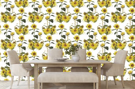 CARTA DA PARATI – GIRASOLI SU SFONDO BIANCO - CARTA DA PARATI CON FIORI - CARTA DA PARATI