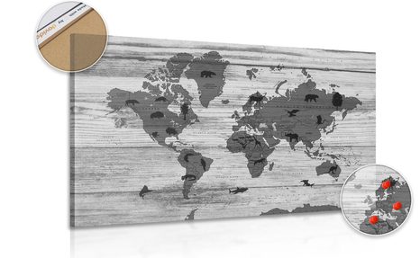 PICTURE ON A CORK BLACK & WHITE MAP ON A WOODEN BACKGROUND