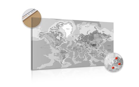 WANDBILD AUF KORK KLASSISCHE WELTKARTE IN SCHWARZ-WEISS - WANDBILDER AUF KORK - BILDER