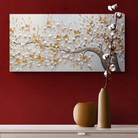 TABLEAU SUR TOILE – ARBRE AVEC FLEURS BLANC-DORÉ - TABLEAUX - 🔥 VENTE TOTALE