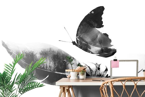 CARTA DA PARATI – PIUMA CON FARFALLA IN BIANCO E NERO - CARTA DA PARATI BIANCO E NERO - CARTA DA PARATI