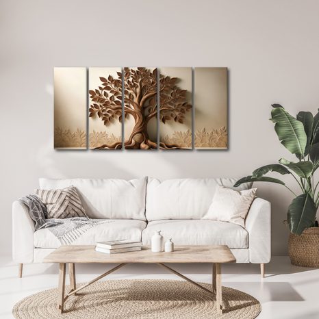 5-TEILIGES WANDBILD BRAUNER LEBENSBAUM MIT 3D-EFFEKT - BILDER BÄUME DES LEBENS - BILDER