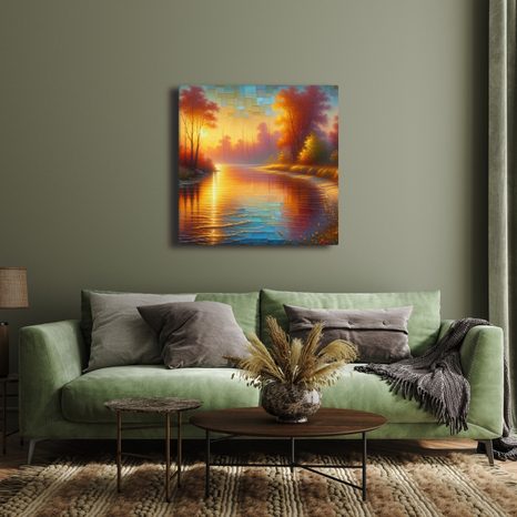 OBRAZ KLIDNÁ ŘEKA V PODZIMNÍM LESE - OBRAZY VÝCHOD A ZÁPAD SLUNCE - OBRAZY