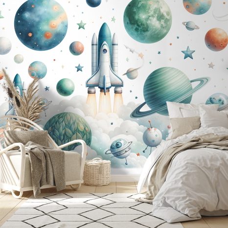 SAMOLEPÍCÍ TAPETA DĚTSKÝ VESMÍRNÝ SVĚT S RAKETAMI - ΠΑΙΔΙΚΉ ΤΑΠΕΤΣΑΡΊΑ - ΤΑΠΕΤΣΑΡΊΕΣ
