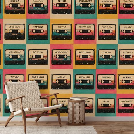 SAMOLEPILNA TAPETA RETRO KASETE V VINTAGE SLOGU - GLASBENE FOTOTAPETE - TAPETE