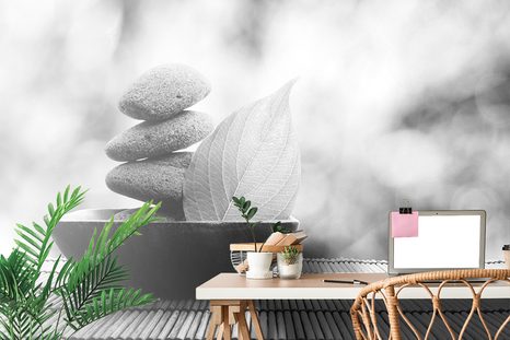 SELBSTKLEBENDE FOTOTAPETE SCHWARZ-WEISSE STEINE UND BLATT IN DER SCHALE - SELBSTKLEBENDE TAPETEN - TAPETEN