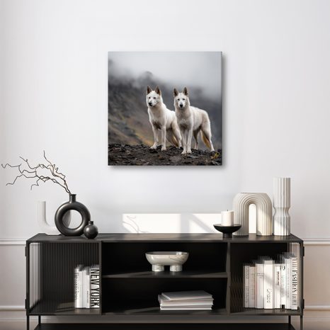 WANDBILD WEISSE WÖLFE AUF FELSEN - BILDER VON HUNDEN - BILDER