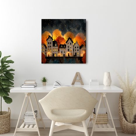 WANDBILD FESTLICH BELEUCHTETE HÄUSER BEI NACHT - BUNTE HÄUSER - BILDER