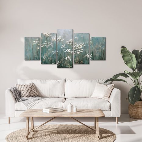 5-TEILIGES WANDBILD BLUMENFELD IM NEBEL - BILDER BLUMEN - BILDER