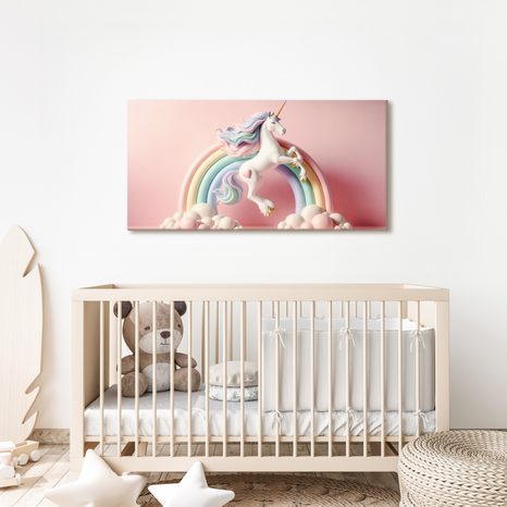 WANDBILD MÄRCHENHAFTES EINHORN AUF PASTELLFARBENEM REGENBOGEN - KINDERBILDER TIERE - BILDER