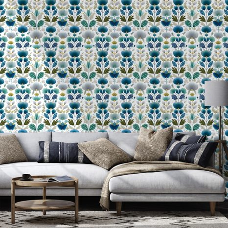 SAMOLJEPLJIVA TAPETA PLAVI CVJETOVI NA BIJELOJ POZADINI - TAPETE S UZORKOM - TAPETE