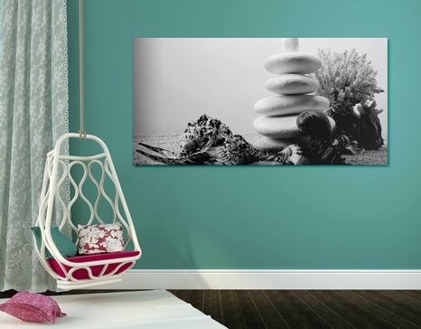 TABLEAU SUR TOILE – PIERRES ZEN AVEC COQUILLAGES EN NOIR ET BLANC - TABLEAUX EN NOIR ET BLANC - TABLEAUX